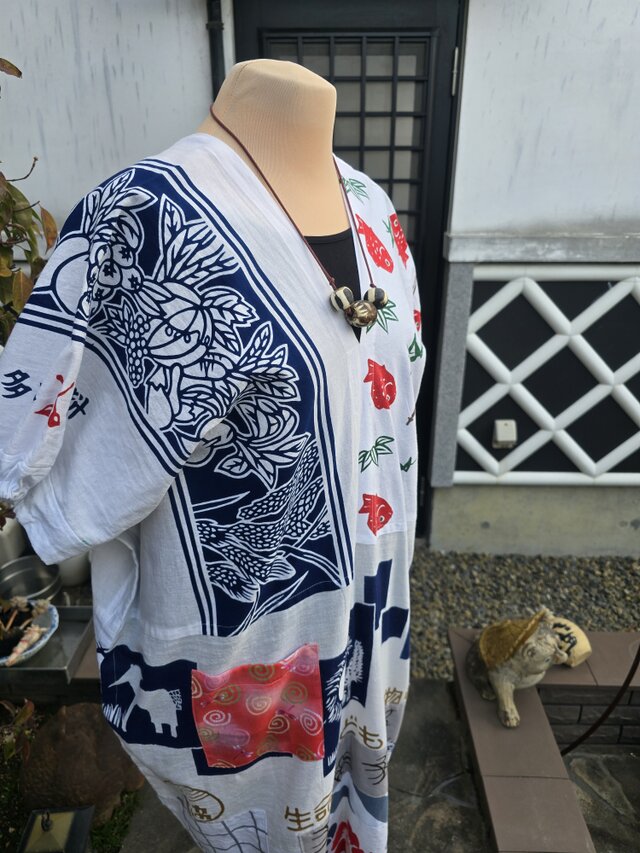 着物リメイク ハンドメイド 白 手ぬぐい パッチワーク ワンピース