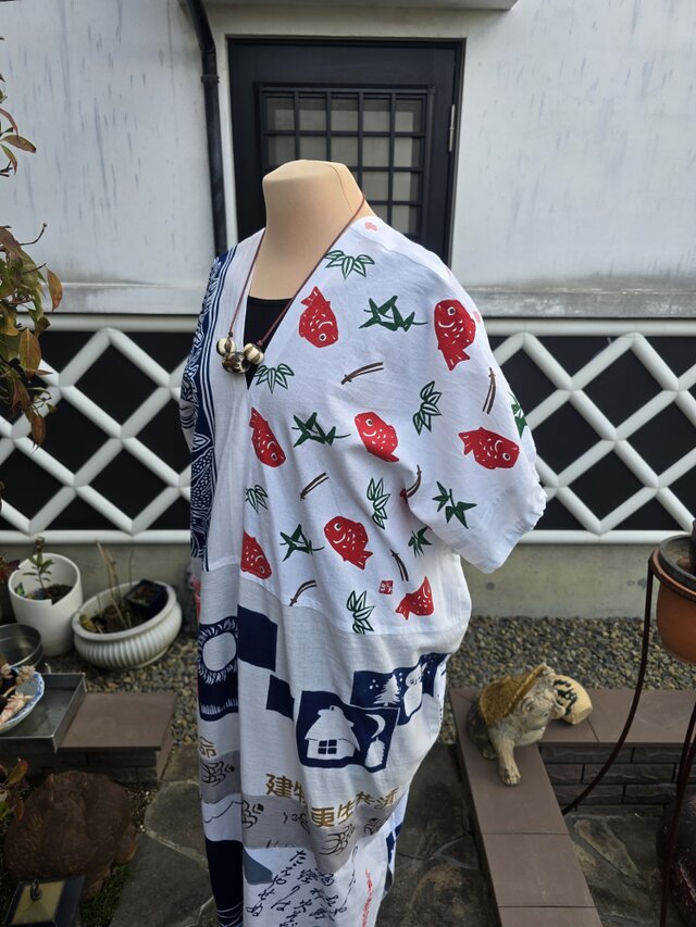 着物リメイク ハンドメイド 白 手ぬぐい パッチワーク ワンピース