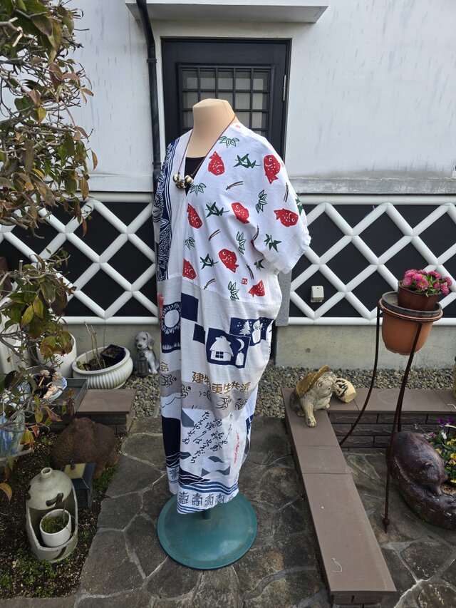 着物リメイク ハンドメイド 白 手ぬぐい パッチワーク ワンピース