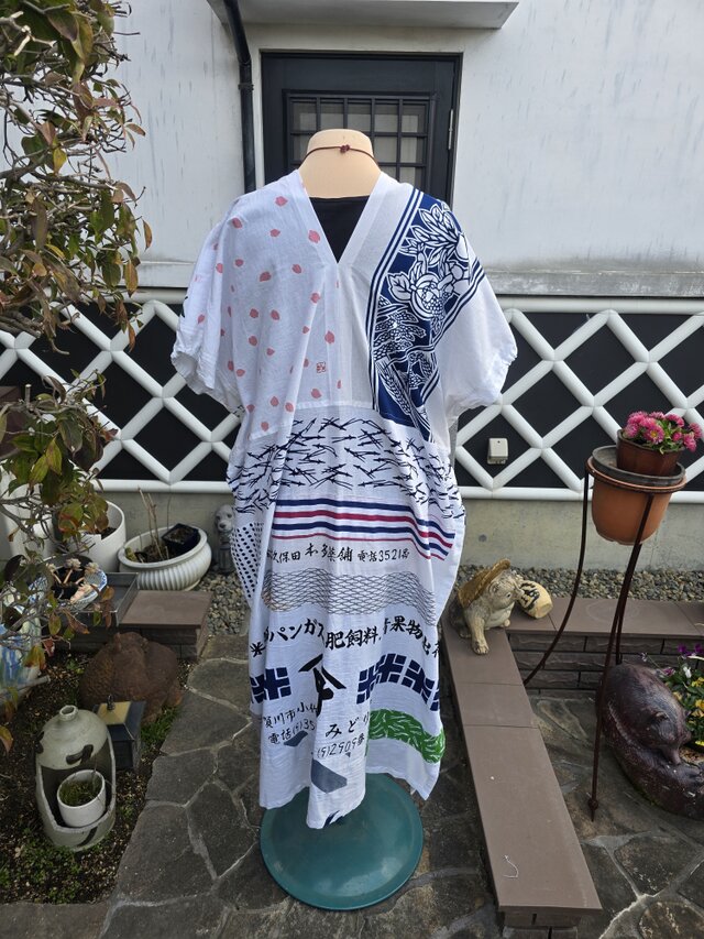 着物リメイク ハンドメイド 白 手ぬぐい パッチワーク ワンピース