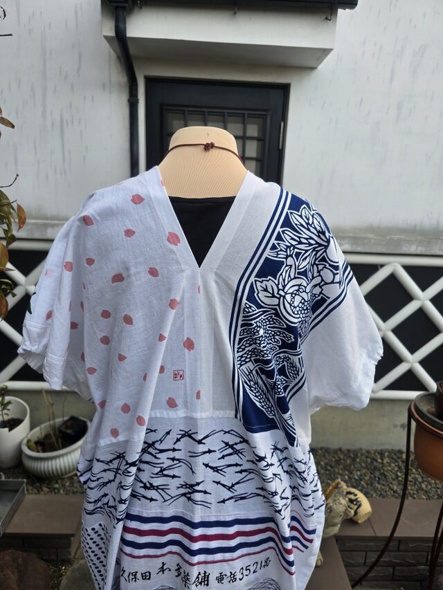 着物リメイク ハンドメイド 白 手ぬぐい パッチワーク ワンピース