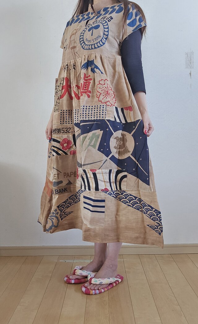 着物リメイク ハンドメイド 柿渋染め パッチワーク ワンピース | iichi