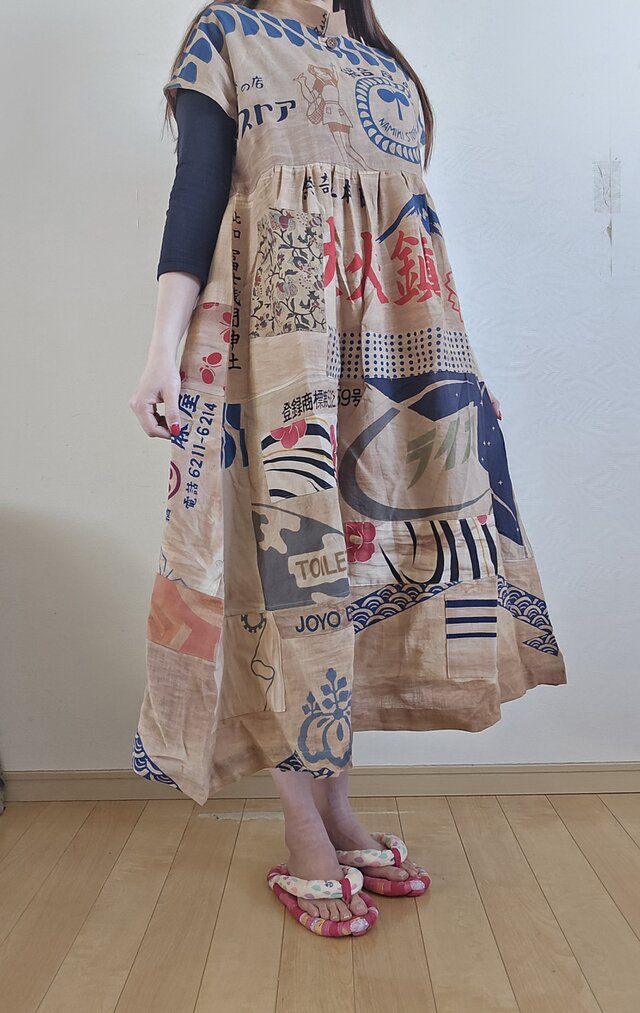 着物リメイク ハンドメイド 柿渋染め パッチワーク ワンピース | iichi