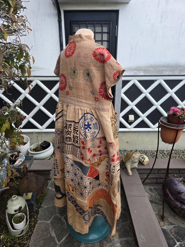 着物リメイク ハンドメイド 柿渋染め パッチワーク ワンピース | iichi 