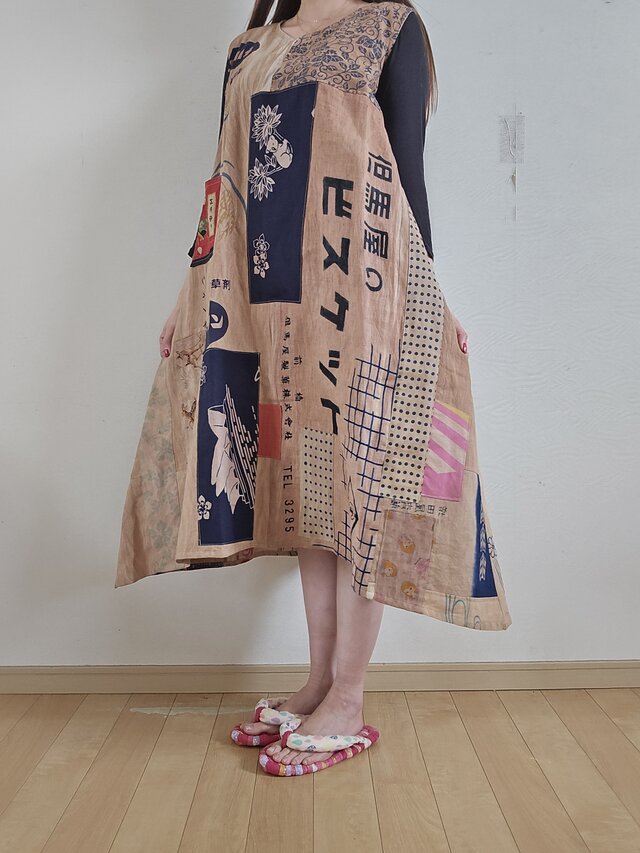 着物リメイク ハンドメイド 柿渋染め パッチワーク ジャンパースカート