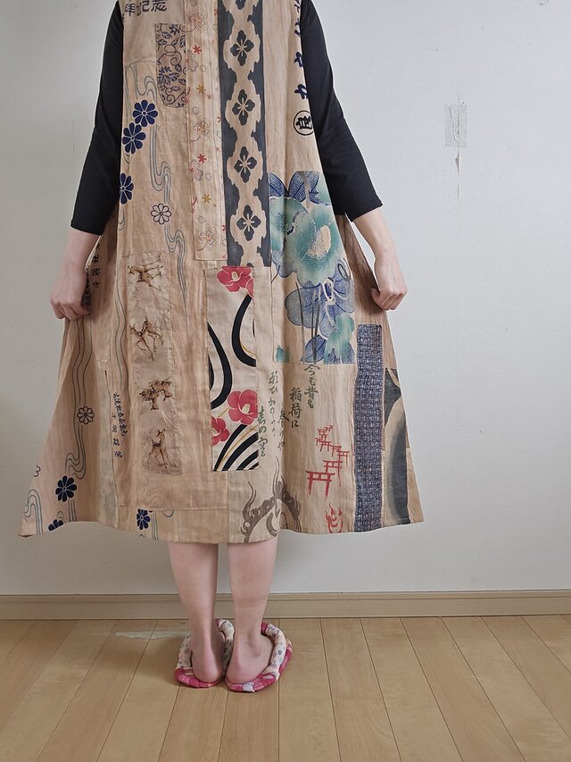 着物リメイク ハンドメイド 柿渋染め パッチワーク ジャンパースカート