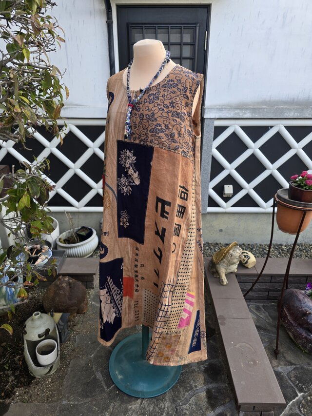 着物リメイク ハンドメイド 柿渋染め パッチワーク ジャンパースカート 