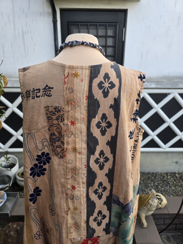 ポジャギ風　パッチワーク　着物リメイク 着物リメイク ハンドメイド 柿渋染め パッチワーク ジャンパースカート