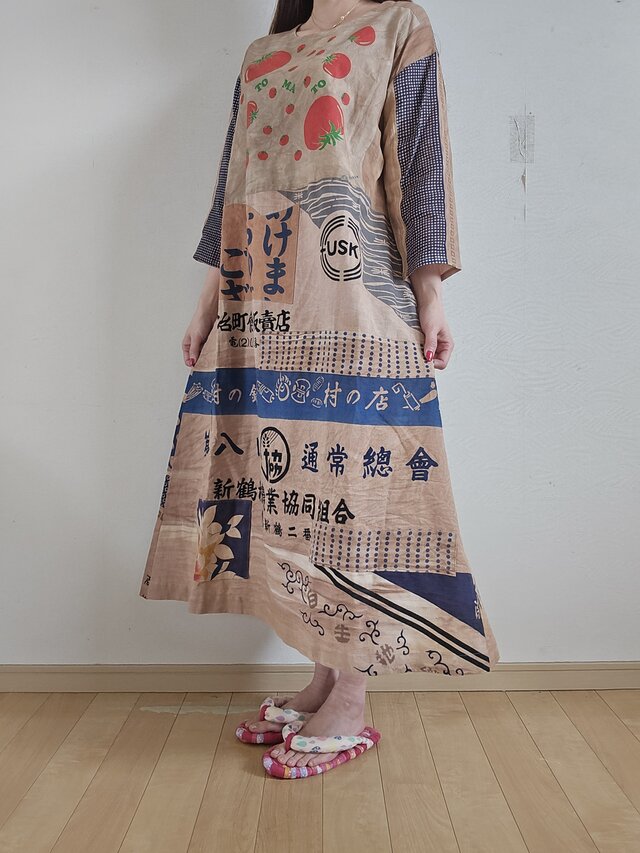 着物リメイク ハンドメイド 柿渋染め パッチワーク ワンピース | iichi