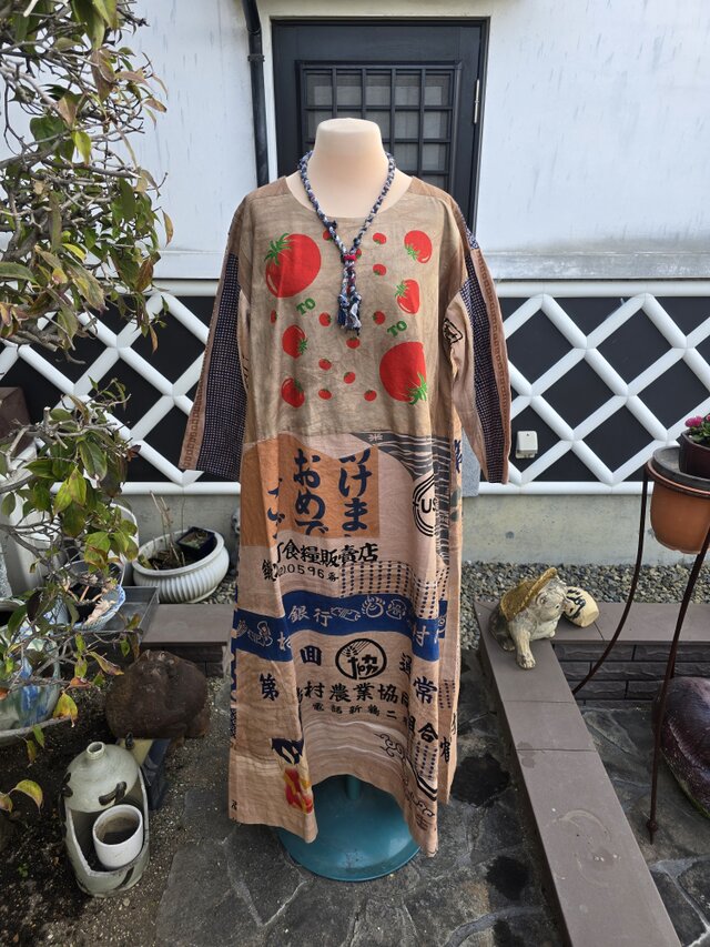 着物リメイク ハンドメイド 柿渋染め パッチワーク ワンピース | iichi