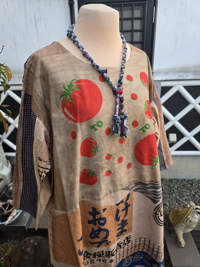 着物リメイク ハンドメイド 柿渋染め パッチワーク ワンピース | iichi