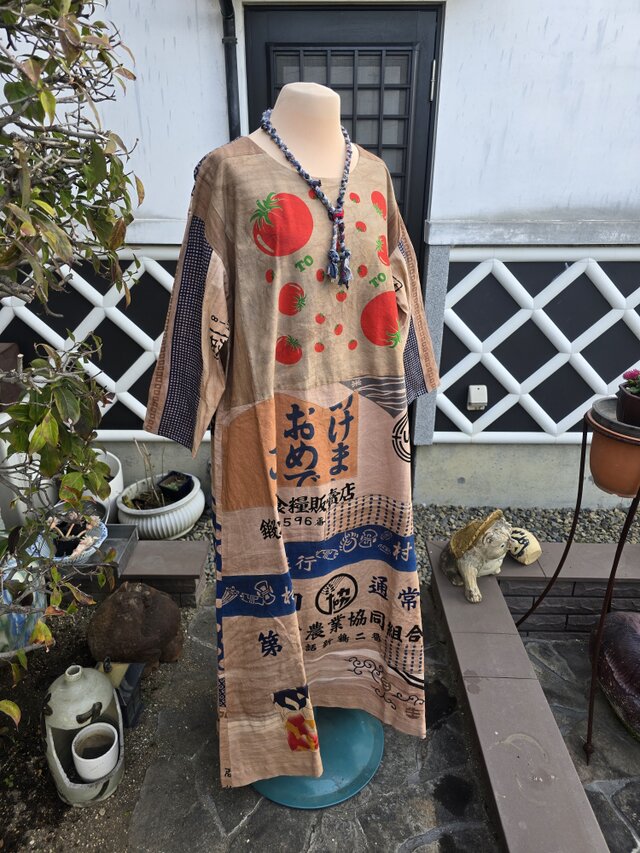 着物リメイク ハンドメイド 柿渋染め パッチワーク ワンピース | iichi
