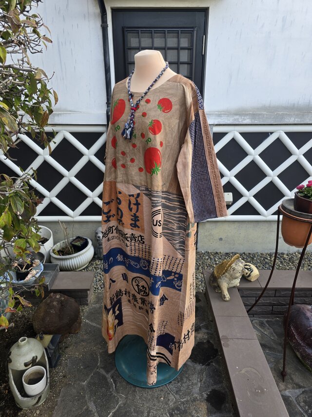 着物リメイク ハンドメイド 柿渋染め パッチワーク ワンピース | iichi