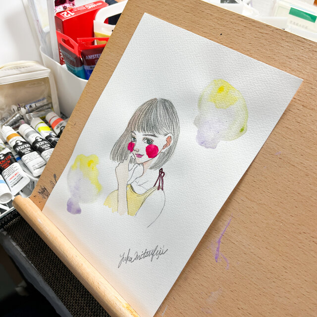 すみれ色のショートカットの女性 透明水彩 B5 原画 | iichi 日々の