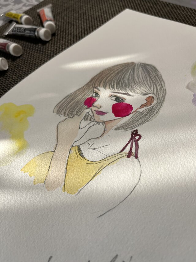 すみれ色のショートカットの女性 透明水彩 B5 原画 | iichi 日々の