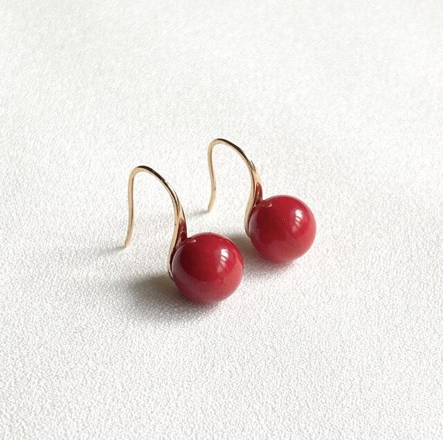 ABERTINO※ レッド コーラル 赤珊瑚 一粒 ゴールドフック ピアス