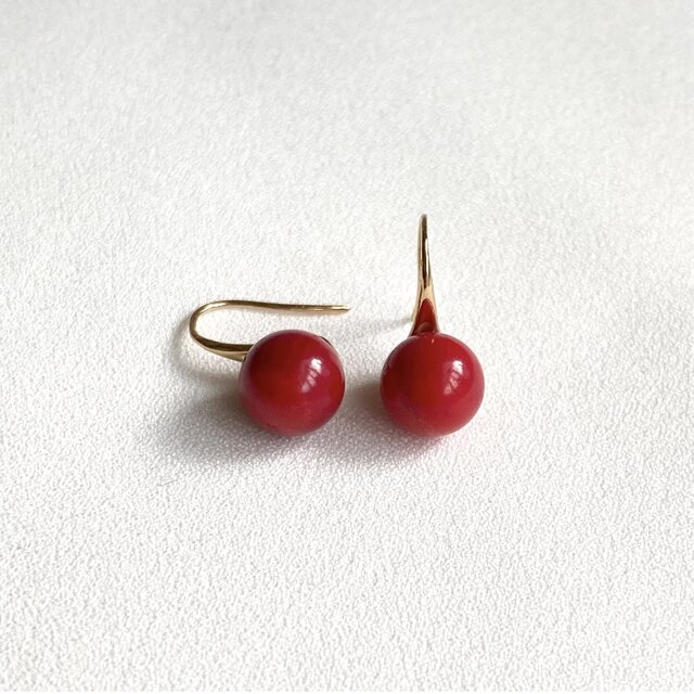 ABERTINO※ レッド コーラル 赤珊瑚 一粒 ゴールドフック ピアス