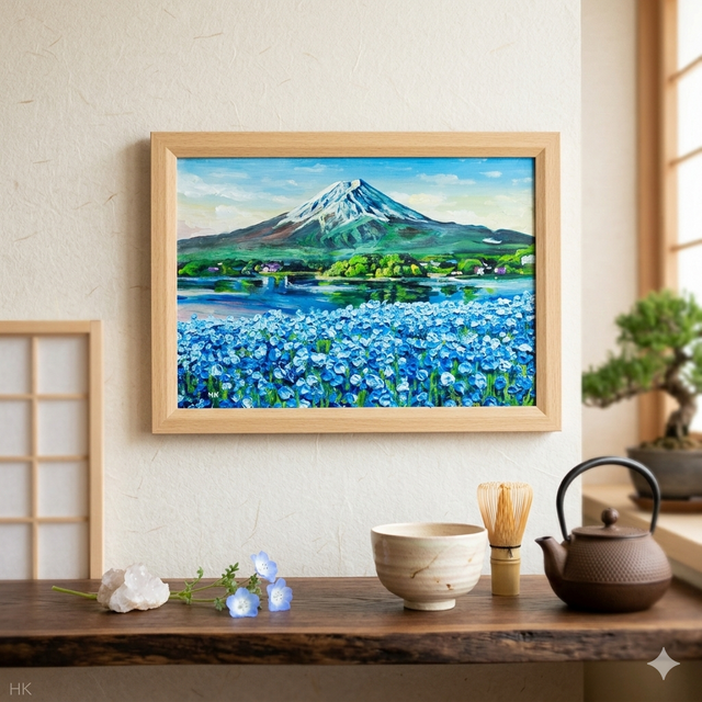 油彩画「湖畔に揺れる青い奇跡」風景画 / 油絵原画 / ブルー | iichi