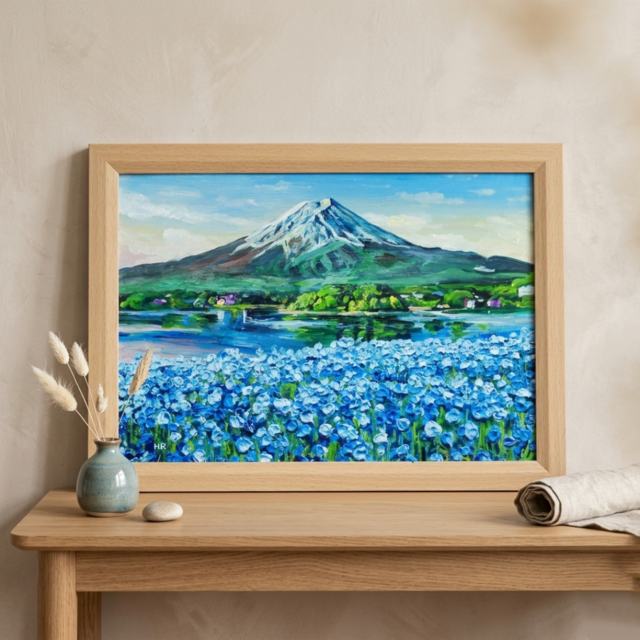 油彩画「湖畔に揺れる青い奇跡」風景画 / 油絵原画 / ブルー | iichi