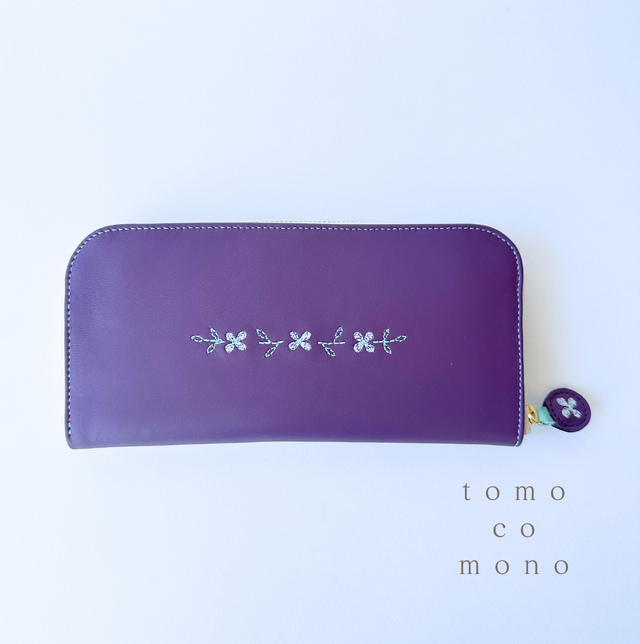 エコレザー × 刺繍革財布『hana＊hana』PLUM／パープル（牛革）長財布