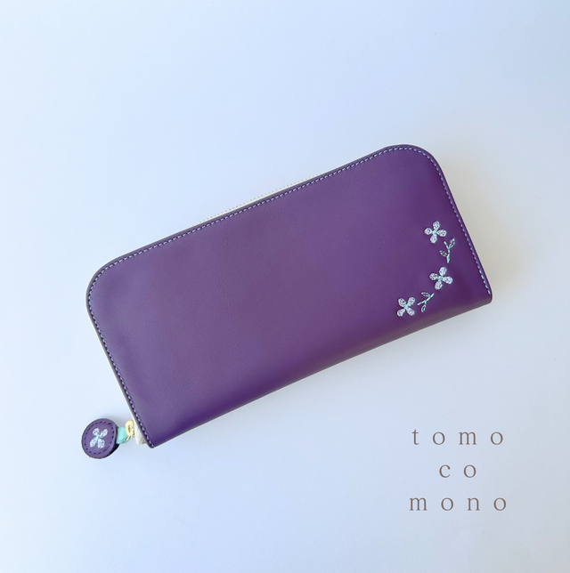 エコレザー × 刺繍革財布『hana＊hana』PLUM／パープル（牛革）長財布