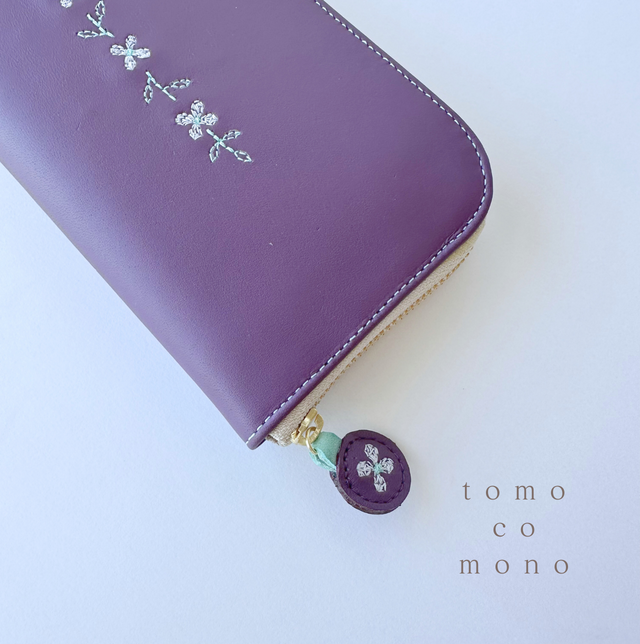 エコレザー × 刺繍革財布『hana＊hana』PLUM／パープル（牛革）長財布