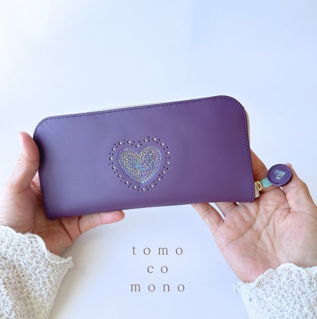 エコレザー × 刺繍革財布『HEART』PLUM／パープル（牛革）長財布