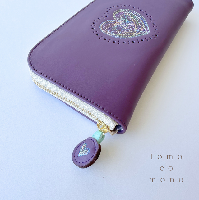 エコレザー × 刺繍革財布『HEART』PLUM／パープル（牛革）長財布