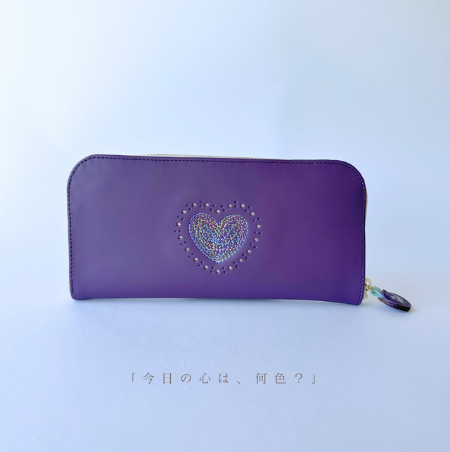 エコレザー × 刺繍革財布『HEART』PLUM／パープル（牛革）長財布