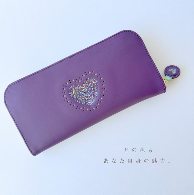エコレザー × 刺繍革財布『HEART』PLUM／パープル（牛革）長財布