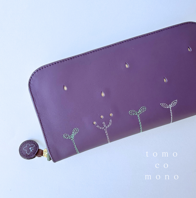 エコレザー × 刺繍革財布『LIFE』PLUM／パープル（牛革）長財布