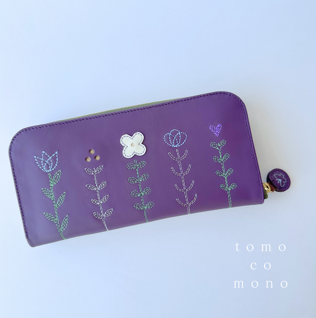エコレザー × 刺繍革財布『LIFE』PLUM／パープル（牛革）長財布