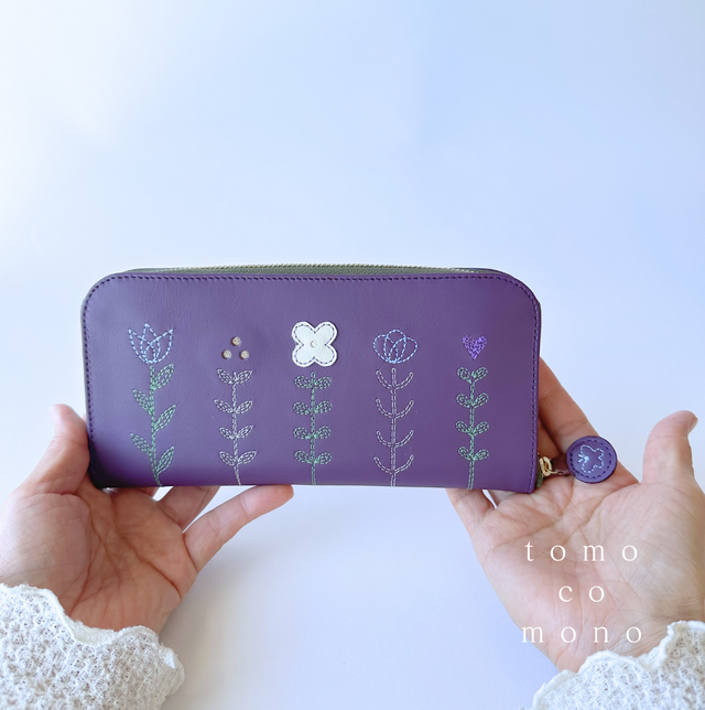 エコレザー × 刺繍革財布『LIFE』PLUM／パープル（牛革）長財布