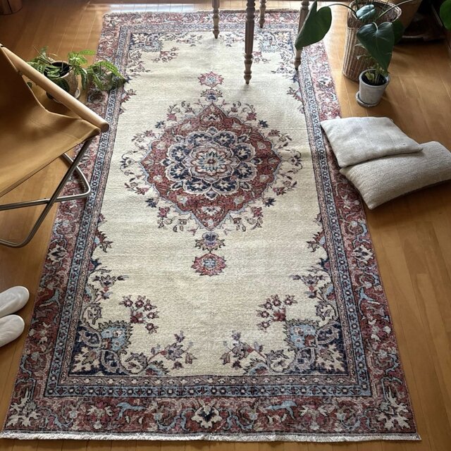 大判130×241 オフホワイト×ブラウンレッド×水色 トルコヴィンテージ