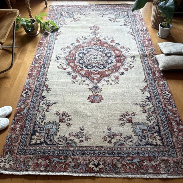 大判130×241 オフホワイト×ブラウンレッド×水色 トルコヴィンテージ