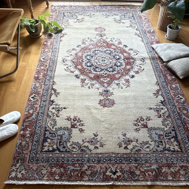 大判130×241 オフホワイト×ブラウンレッド×水色 トルコヴィンテージ