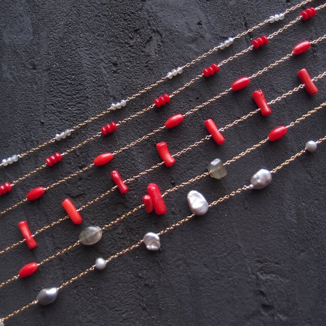 K14gf】Red Coral Station Necklace／レッドコーラル ステーション