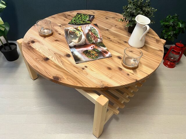 【送料無料】 ローテーブル 丸 木組やぐらベース 90cm 杉 格子棚付き 送料無料】 ローテーブル 丸 木組やぐらベース 90cm 杉 ナチュラル