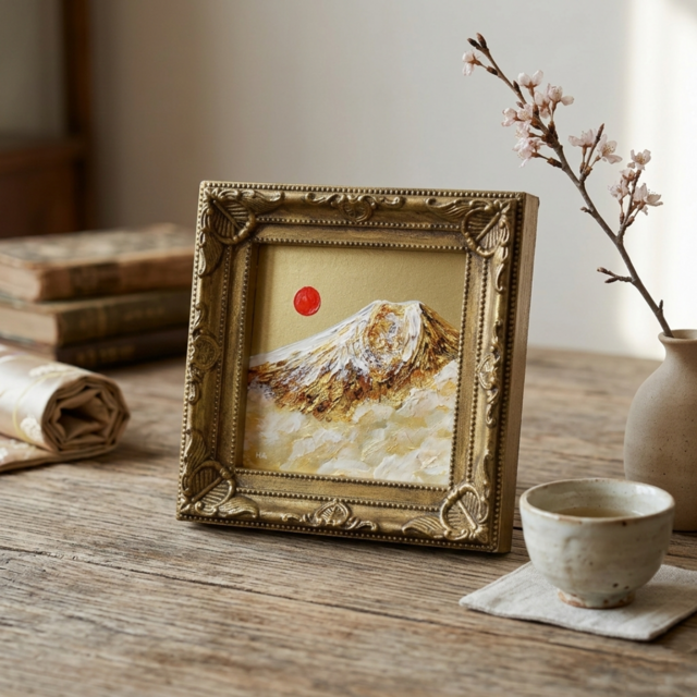 黄金に輝く富士山｜油絵ミニ絵画｜開運・金運アップの縁起物プチアート