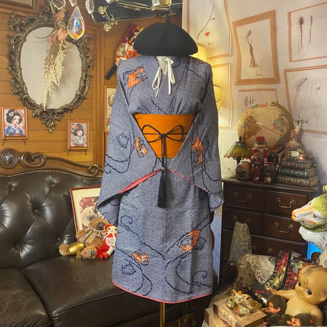 着物リメイク ミニミディワンピース／ドレス／洗える化繊 帯サッシュ