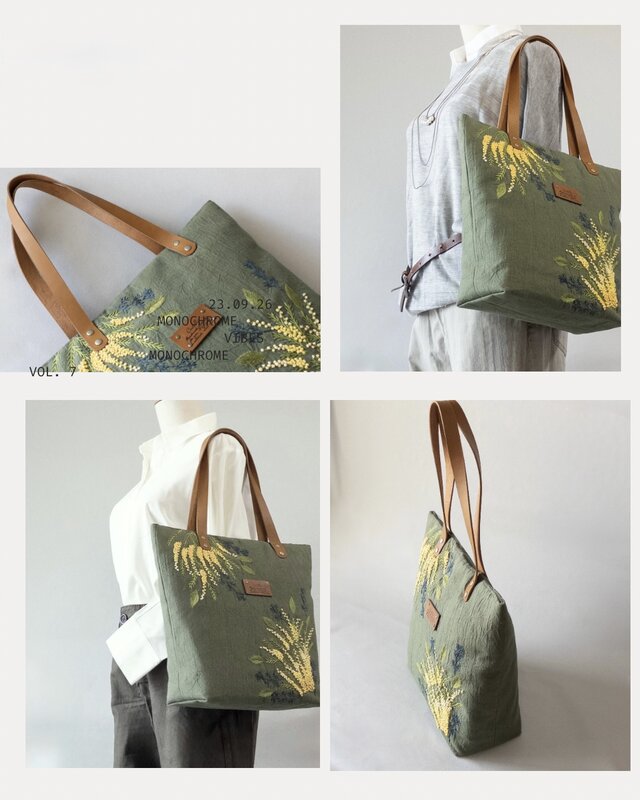 ミモザ刺繍のリネントートバッグ| オリーブグリーン|受注制作 | iichi
