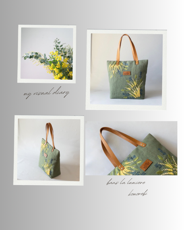 ミモザ刺繍のリネントートバッグ| オリーブグリーン|受注制作 | iichi