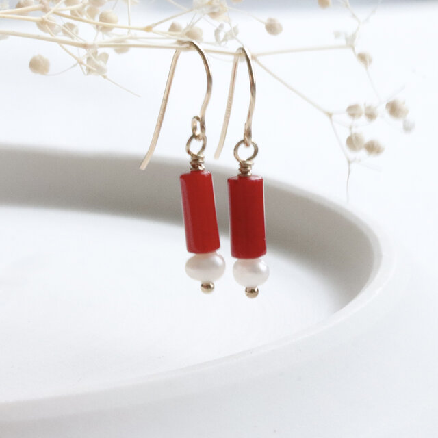 天然石コーラル ピアス／イヤリング｜淡水パール｜14Kgf｜小ぶり｜大人