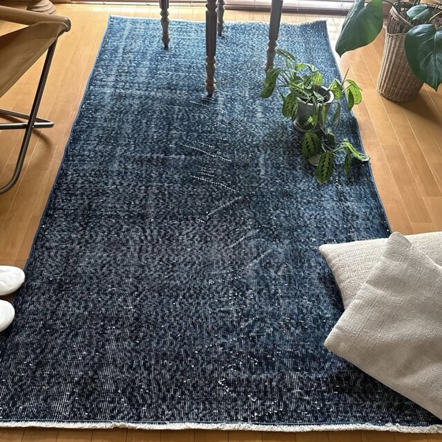 111×200 藍色ブルーオーバーダイ 人気カラー トルコヴィンテージラグ
