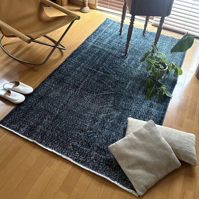 111×200 藍色ブルーオーバーダイ 人気カラー トルコヴィンテージラグ