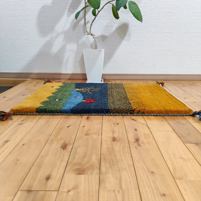 ペルシャ ギャッベ 玄関マット ラグ 85x62cm 黄金色 風景 生命の木