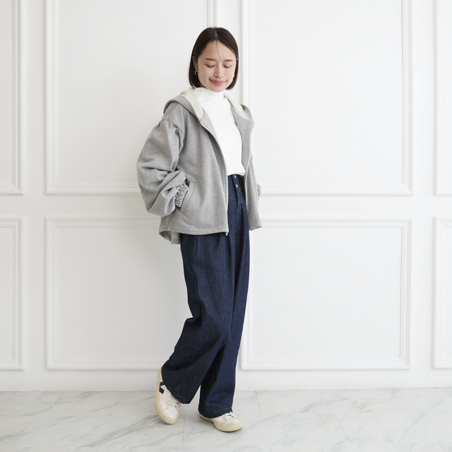 大きめフードの大人のフリル スウェットパーカー グレー 0776Grey