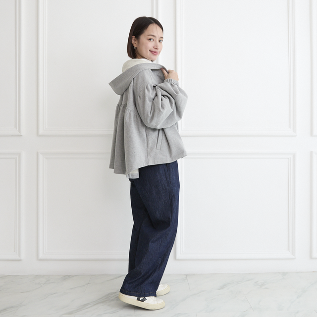 大きめフードの大人のフリル スウェットパーカー グレー 0776Grey