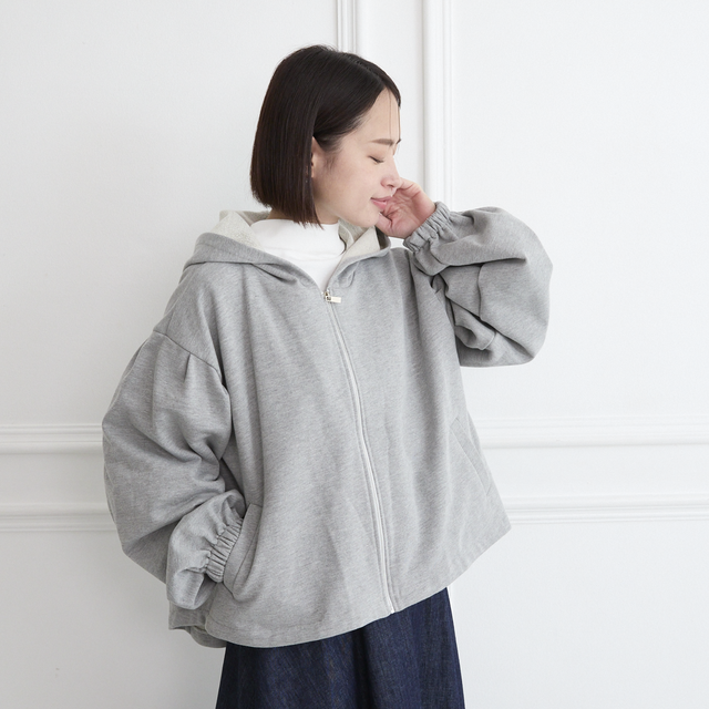 大きめフードの大人のフリル スウェットパーカー グレー 0776Grey