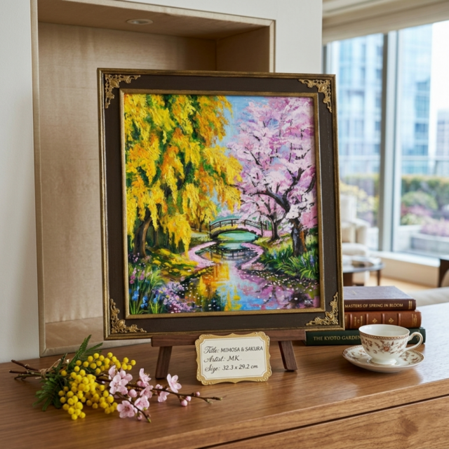 油彩画 原画 「陽だまりの庭園 〜桜とミモザの咲く日〜」 桜とミモザの